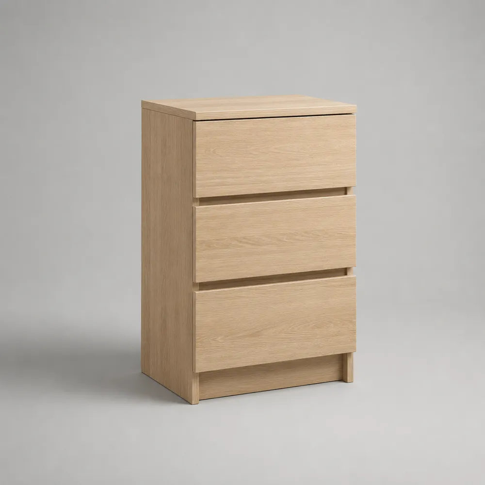 Comodino 3 cassetti 45 x 40 x 60 cm in MDF effetto rovere chiaro struttura rettangolare colore legno naturale
