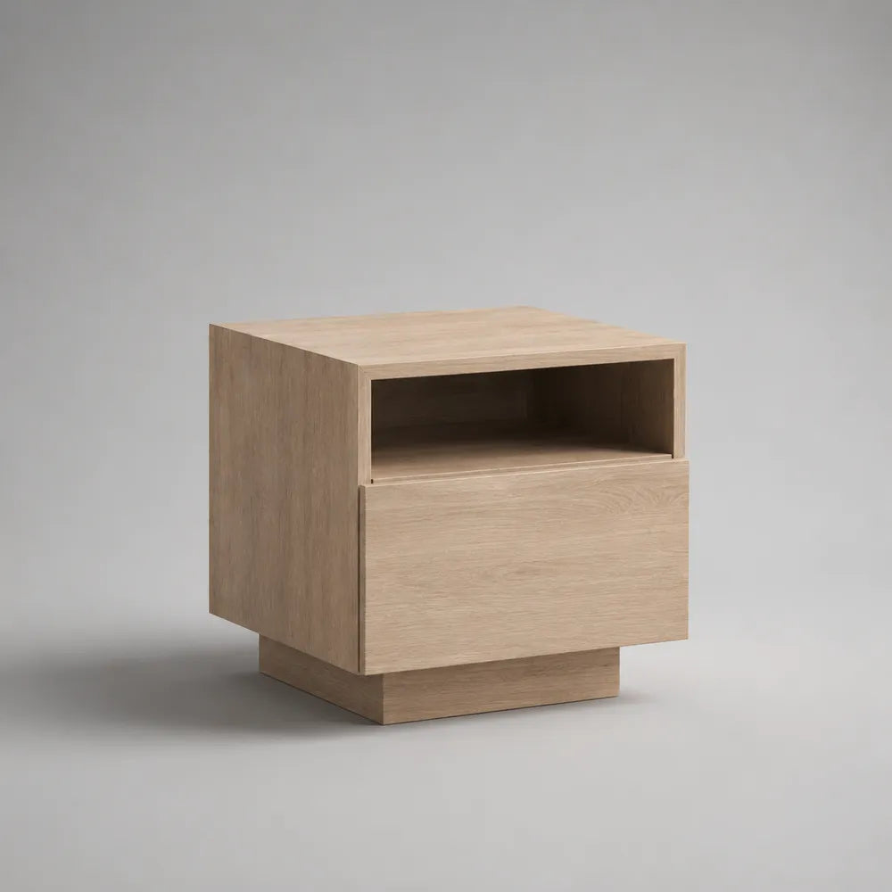 Comodino 45x40x50 cm in legno effetto rovere chiaro con vano aperto e cassetto struttura in MDF forma rettangolare