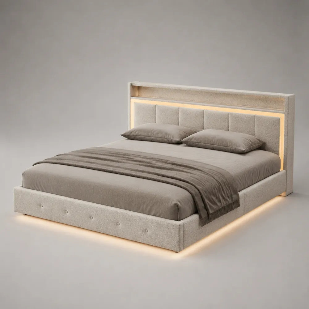 Letto matrimoniale imbottito 160 x 200 cm con illuminazione LED struttura in legno ingegnerizzato rivestimento in tessuto poliestere colore beige testiera a pannelli