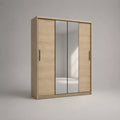 Armadio 180 cm 60 cm 200 cm a quattro ante con specchi centrali scorrevoli e ante laterali a battente struttura in MDF e pannelli truciolari finitura rovere chiaro