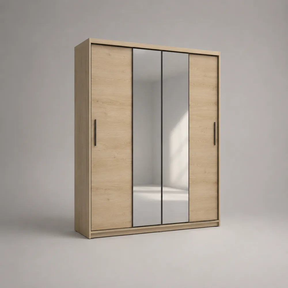 Armadio 180 cm 60 cm 200 cm a quattro ante con specchi centrali scorrevoli e ante laterali a battente struttura in MDF e pannelli truciolari finitura rovere chiaro