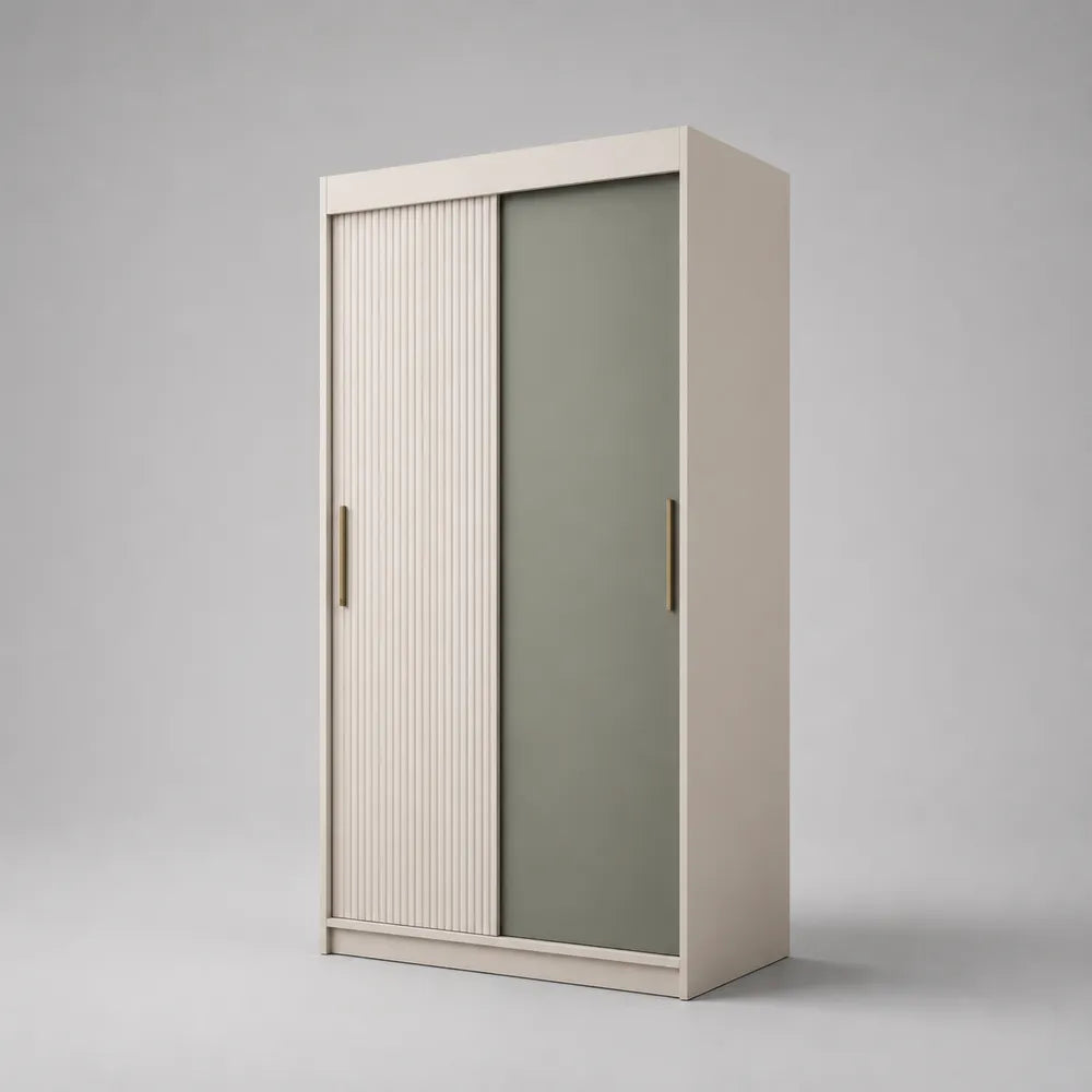 Armadio scorrevole 120 x 60 x 200 cm in MDF con ante effetto rigato bianco e verde salvia struttura colore beige maniglie oro