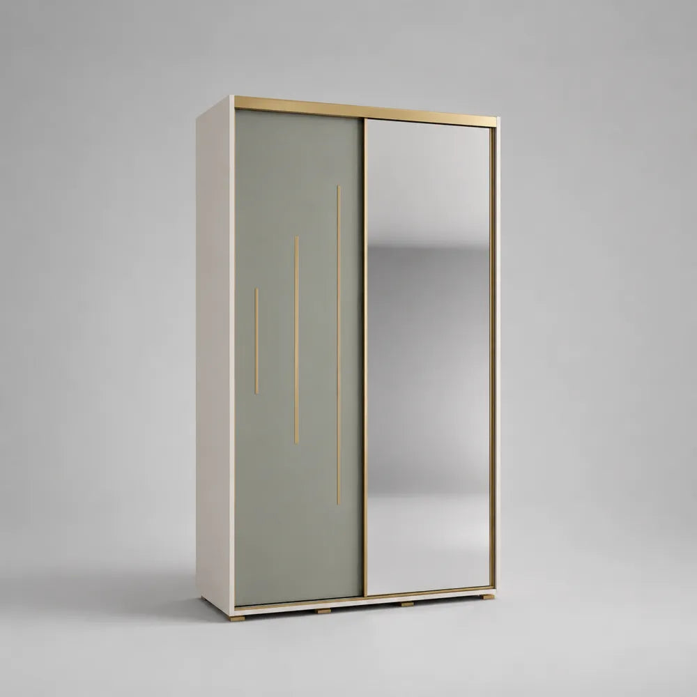 Armadio scorrevole 120 x 60 x 200 cm con ante a specchio e pannello verde struttura in MDF colore beige profili in metallo oro