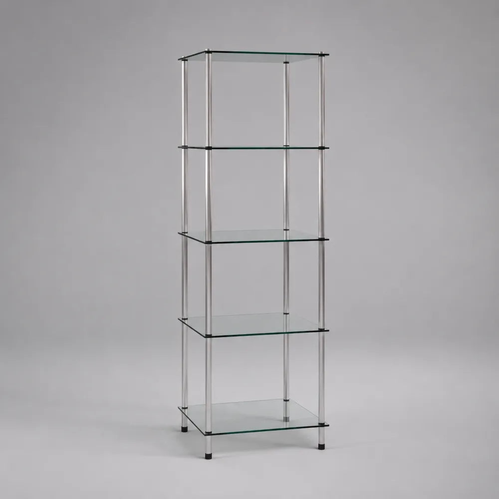 Scaffale da terra 40x35x175 cm a 5 ripiani in vetro temperato struttura in acciaio inossidabile colore argento forma rettangolare