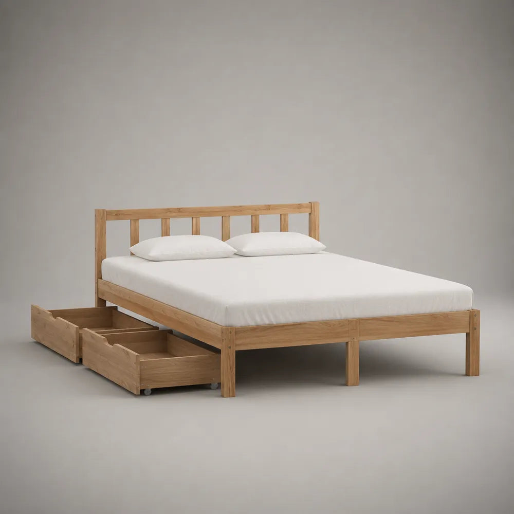 Letto matrimoniale 160x200 cm struttura in legno di pino naturale con rete a doghe e cassetti laterali