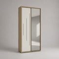Armadio scorrevole 100 cm 60 cm 200 cm a due ante con anta a specchio e anta bianca incisa struttura in MDF e pannelli truciolari finitura rovere chiaro