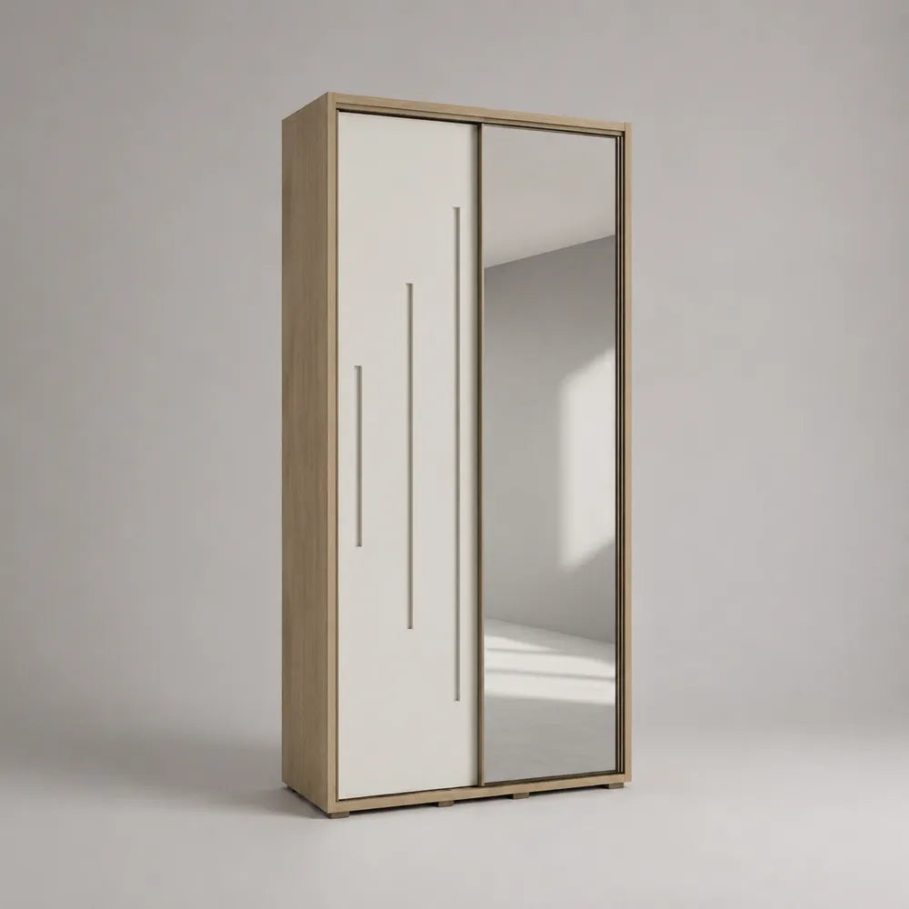 Armadio scorrevole 100 cm 60 cm 200 cm a due ante con anta a specchio e anta bianca incisa struttura in MDF e pannelli truciolari finitura rovere chiaro