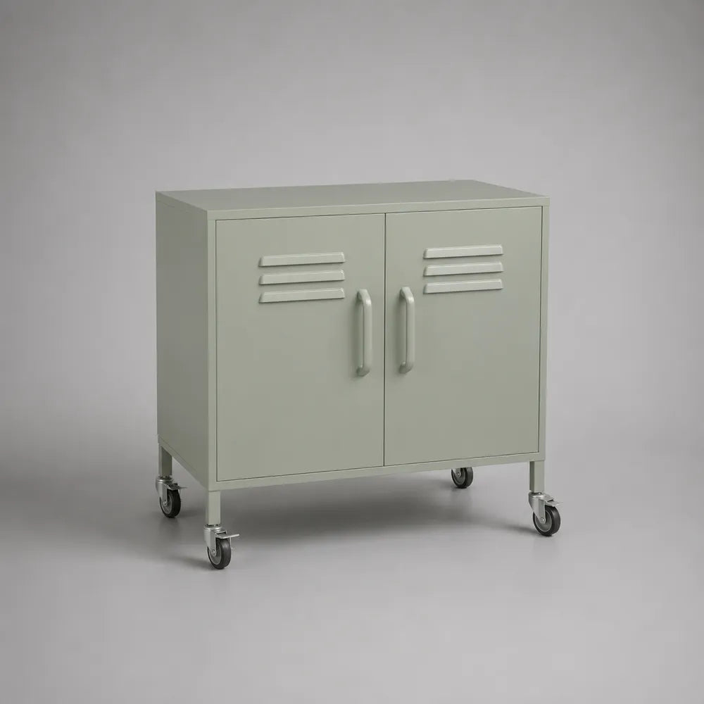 Armadio contenitore su ruote in acciaio verniciato a polvere 2 ante 80 x 40 x 75 cm colore verde salvia struttura rettangolare con maniglie metalliche