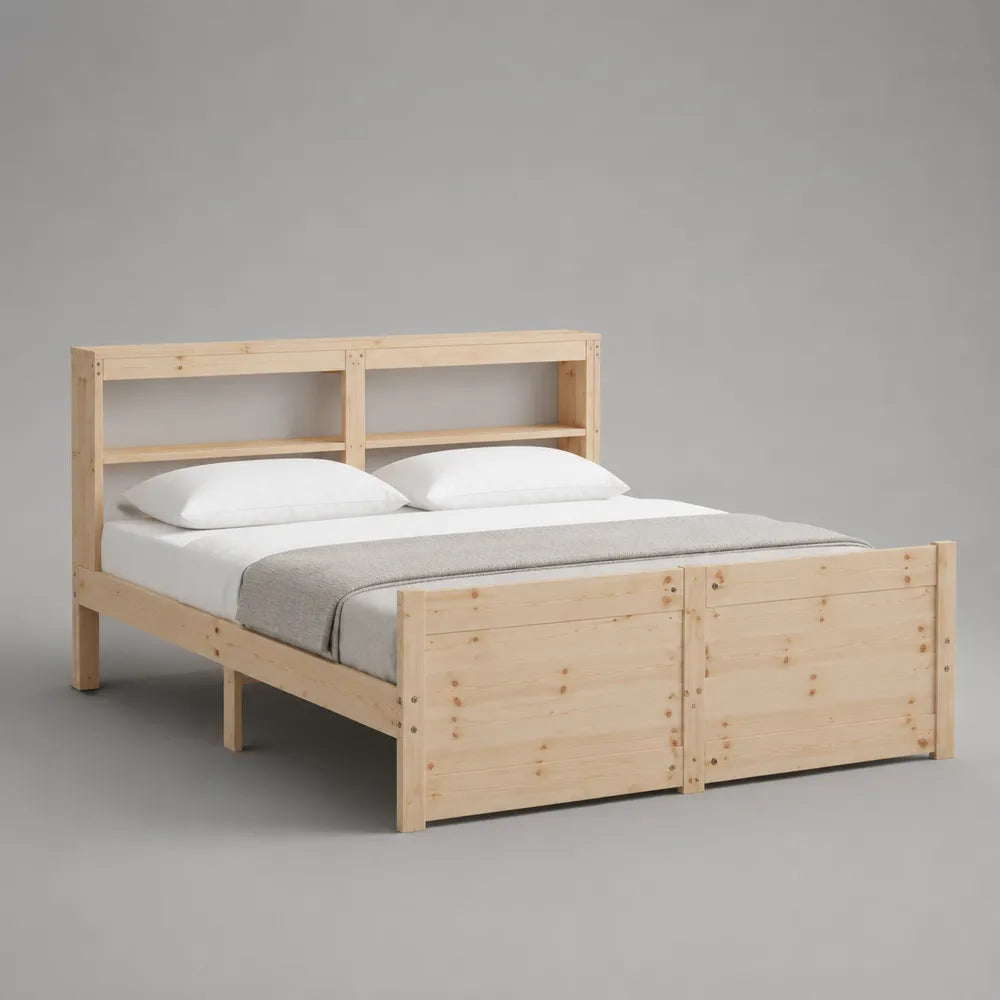 Letto matrimoniale 160x200 cm struttura in legno massello di pino naturale con testiera con ripiani e pediera chiusa rete a doghe forma rettangolare