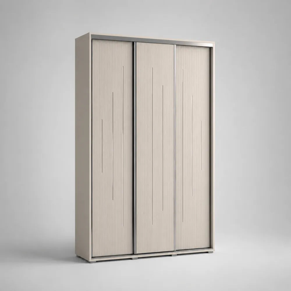 Armadio scorrevole 180 cm 60 cm 200 cm a tre ante con apertura a incavo verticale struttura in MDF e pannelli truciolari finitura beige effetto legno