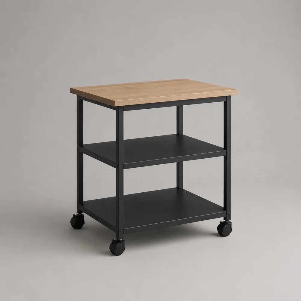 Carrello portaoggetti con ruote struttura in acciaio verniciato nero 3 ripiani piano in legno effetto rovere 50 x 40 x 60 cm forma rettangolare colore nero e rovere chiaro